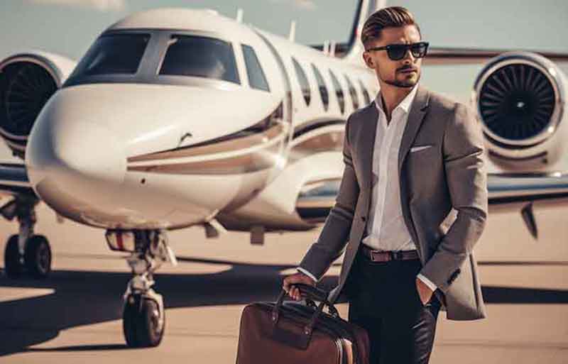 Businessman stands in front of a private jet